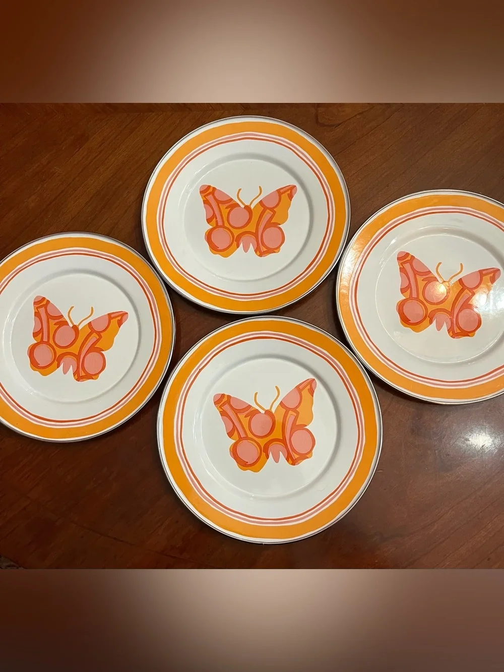 Rare VTG Golden Rabbit Enamelware Butterfly Plates Michal Sparks 4-Set Retro